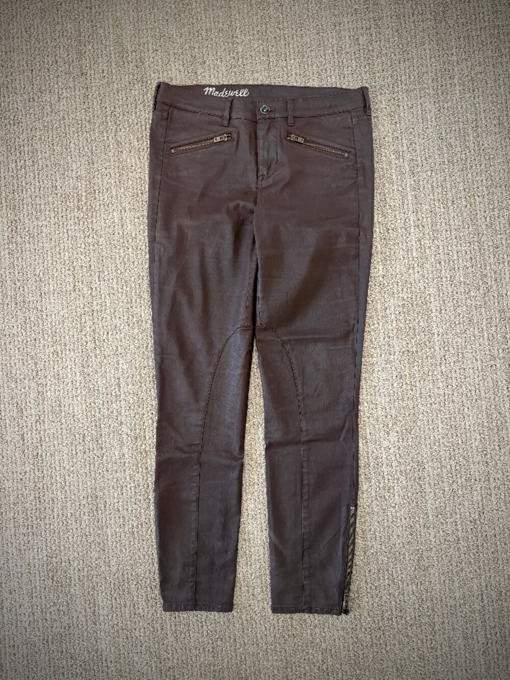 Madewell Wax Coated Skinny Jeans with Zipper Details in Chocolate Brown, Size 28